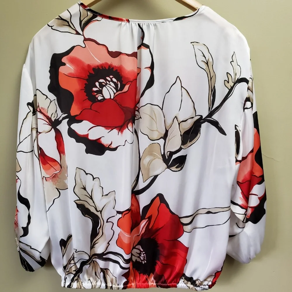 White House Black Market Floral Blouse - Red, Black, White - Picture 2 of 7
